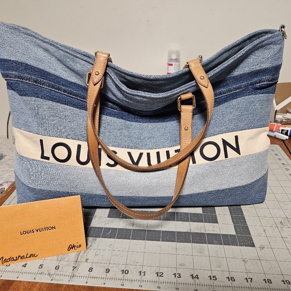 ❌️Sold❌️Repurposed Upcycled XL Denim Tote bag made with authentic LV straps etc.